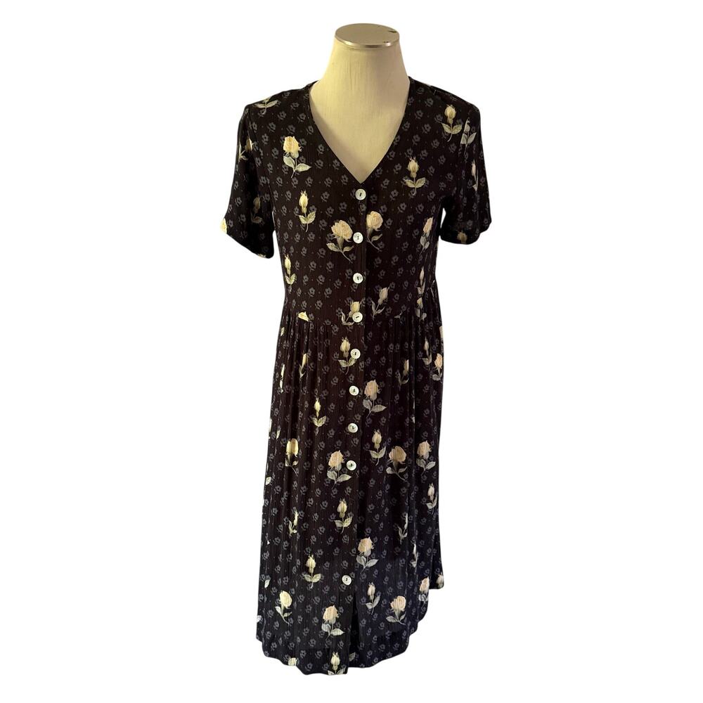 Vtg Y2K 2000s Black Floral Button Dress S Cottagecore Whimsygoth Fairy Grunge